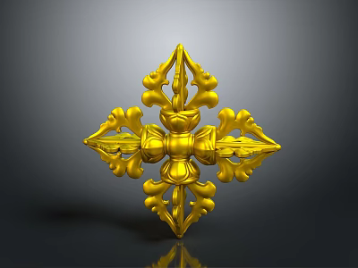 Golden Cross Shaped Vajra Weapon With Intricate Floral Designs And Shiny Metallic Finish 3d model