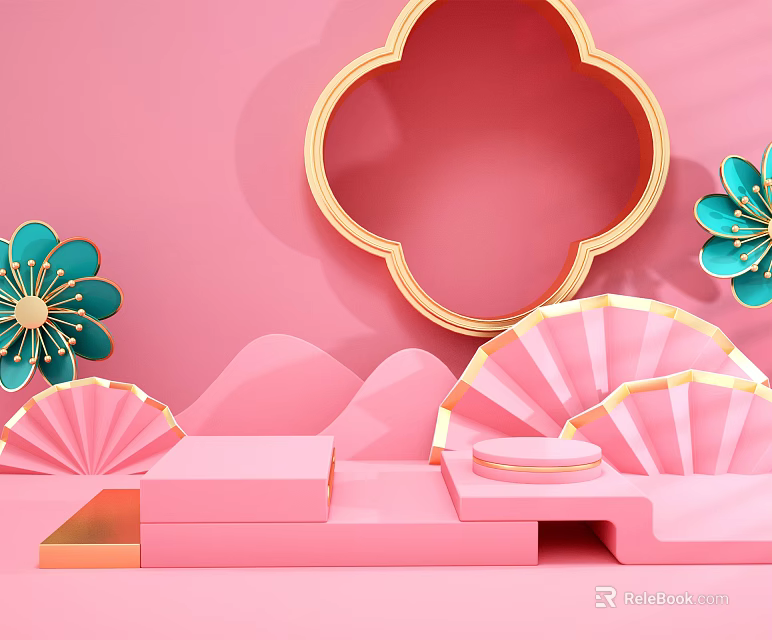 Pink Background Decorative Display With Golden Frame Blue Flowers And Fans 3d model 