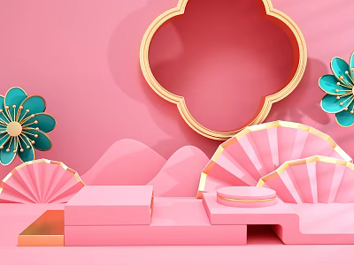 Pink Background Decorative Display With Golden Frame Blue Flowers And Fans 3d model