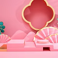 Pink Background Decorative Display With Golden Frame Blue Flowers And Fans