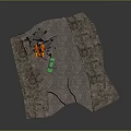 Overturned Orange Car and Green Car on Broken Stone Pavement with Cracks and Spilled Oil