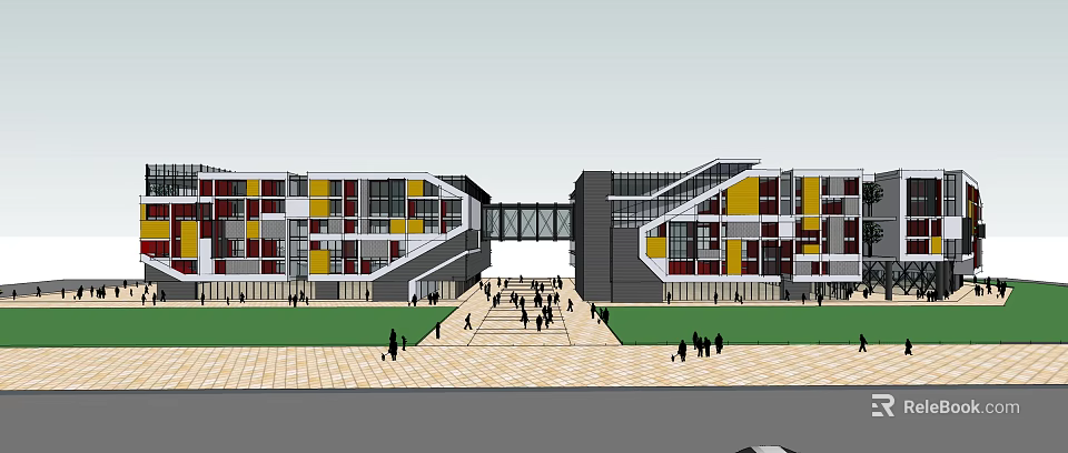 Modern Office Buildings With Colorful Facade Skybridge Connection And Front Plaza 3d model 