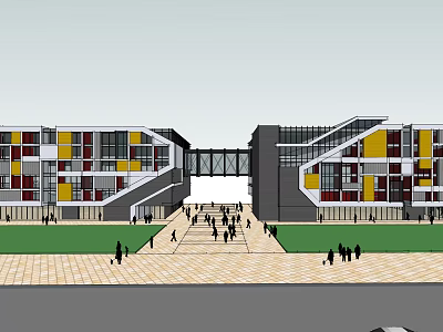 Modern Office Buildings With Colorful Facade Skybridge Connection And Front Plaza 3d model