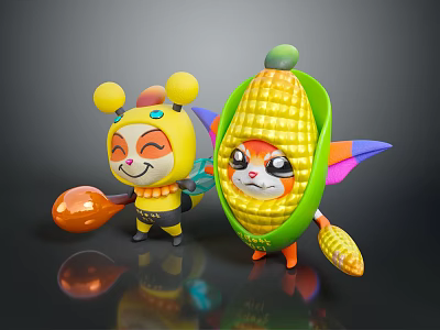 Cartoon Characters Featuring Yellow Headdress Smiling Face And Corn Shaped Figure With Colorful Wings 3d model