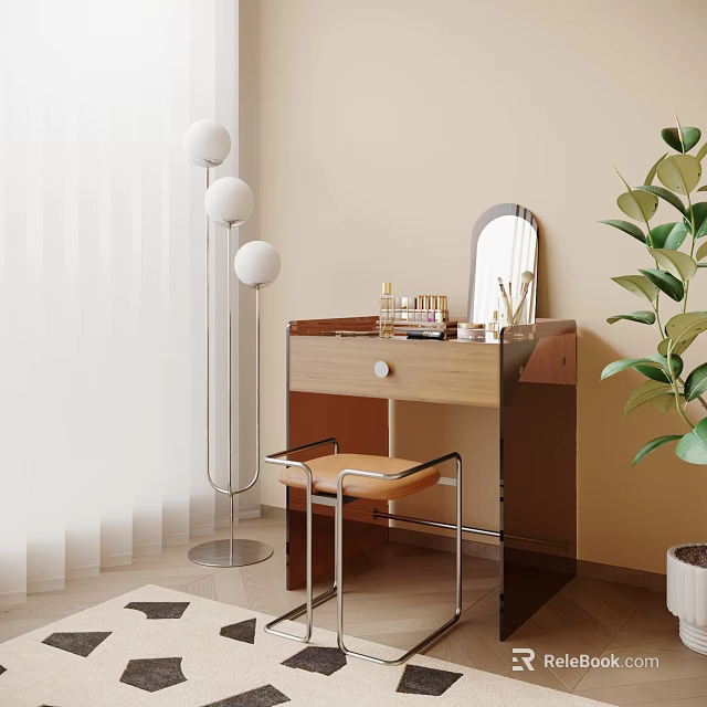 Modern Wooden Dressing Table Interior With Mirror Drawer Cosmetics Chair And Green Plant 3d model 