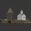 Medieval Fortified Architectural Model With Golden Dome Church Watchtower And Wooden Fence