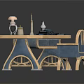 Blue And Gold Desk With Matching Chair And Elegant Design Featuring Lamp Candlestick And Books