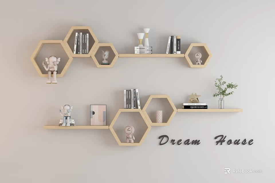 Hexagonal Wooden Wall Decor Shelves with Books Statues Plants and Dream House Decorations 3d model 