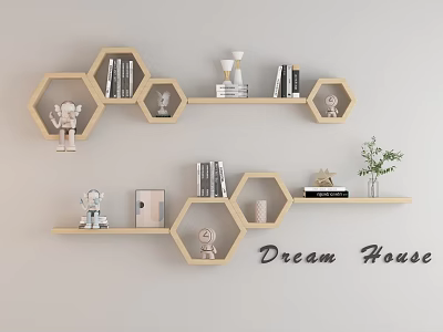 Hexagonal Wooden Wall Decor Shelves with Books Statues Plants and Dream House Decorations 3d model