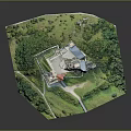 Garden Landscape Featuring Green Grass Trees Path Rocky Hill And Ancient Red Roof Building
