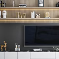 Modern TV Stand Design With Wooden Wall White Drawers Upper Shelves Decorations And Books