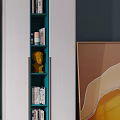 Modern TV Cabinet with White Pink Teal Design Open Shelves Books and Decorative Sculptures