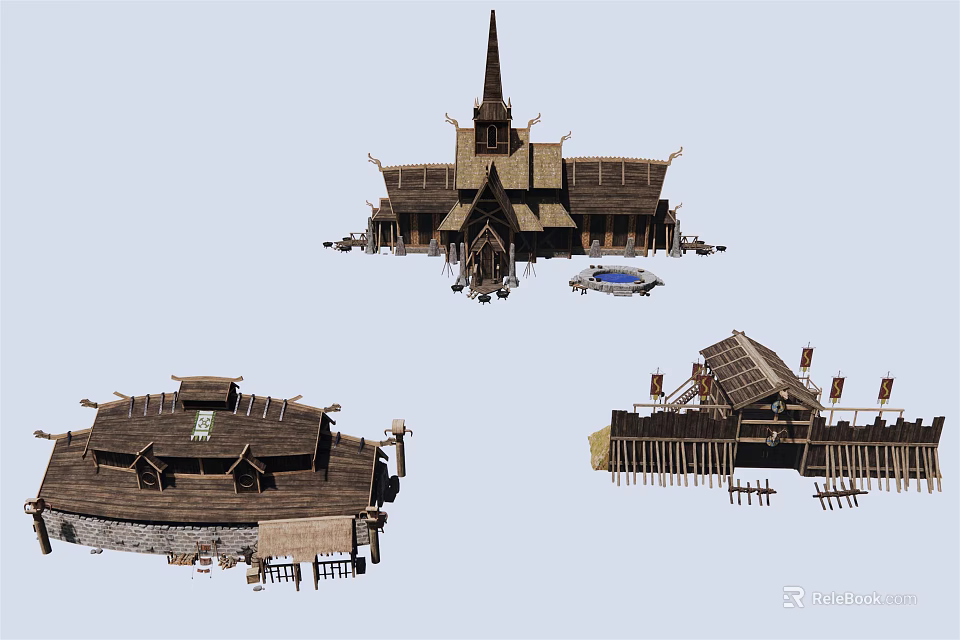 Rustic Traditional Wooden Houses With Spire Structure And Wooden Fences 3d model 
