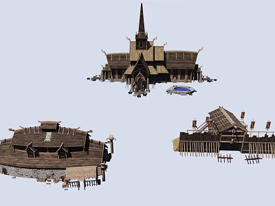 Rustic Traditional Wooden Houses With Spire Structure And Wooden Fences 3d model
