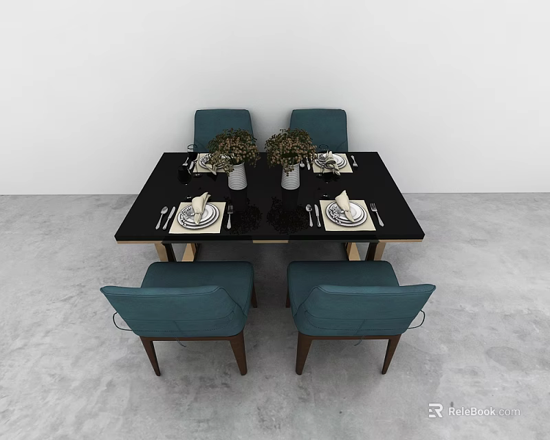 Modern Black Dining Table Set with Teal Chairs White Vases Green Plants and Tableware 3d model