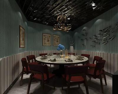 Elegant Private Dining Room With Round Table Red Chairs And Chandelier Decorations 3d model