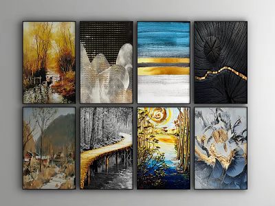 Diverse Artwork Collection Featuring Abstract Nature And Gold Accents For Wall Decor 3d model