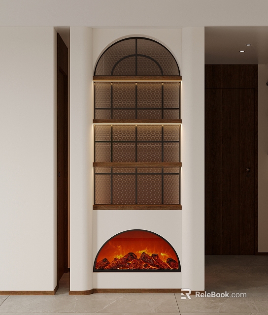 Entryway Hallway Interior Design With Arched Lattice Shelf Warm Lighting And Fireplace 3d model 