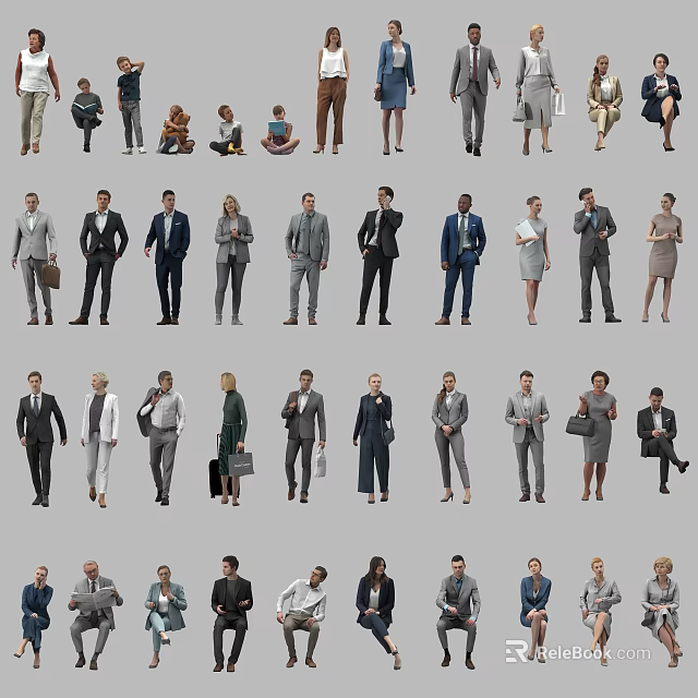 Group of diverse people in professional business attire with various poses on gray background 3d model 