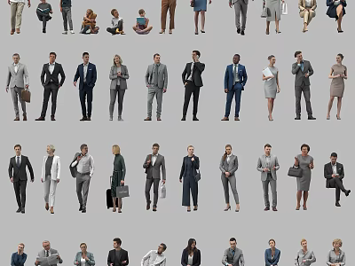 Group of diverse people in professional business attire with various poses on gray background 3d model