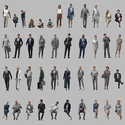 Group of diverse people in professional business attire with various poses on gray background 3d model