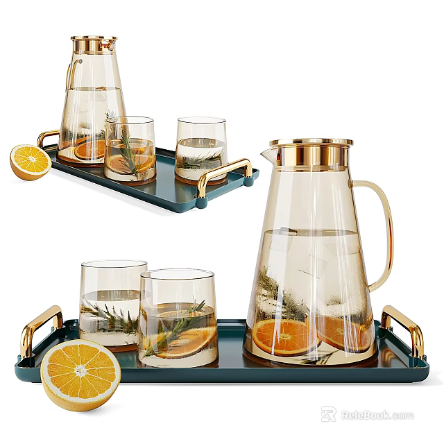 Glass Tea Set with Teapot Cups Orange Slices Rosemary on Green Tray with Gold Handles 3d model 