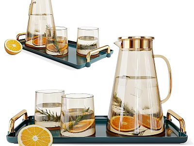 Glass Tea Set with Teapot Cups Orange Slices Rosemary on Green Tray with Gold Handles 3d model