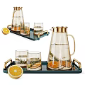 Glass Tea Set with Teapot Cups Orange Slices Rosemary on Green Tray with Gold Handles