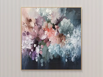Abstract Floral Artwork With Pink Purple White Blue Tones And Gold Frame On Stripe Wall 3d model