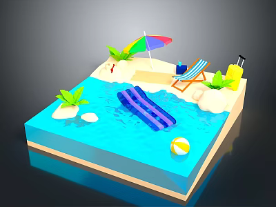 Sand Beach Pool Scene With Purple Slide Deck Chair Colorful Umbrella Palm Tree And Beach Ball 3d model