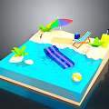 Sand Beach Pool Scene With Purple Slide Deck Chair Colorful Umbrella Palm Tree And Beach Ball