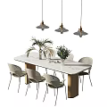 Modern Dining Table Set With Marble Top Six Chairs Pendant Lights And Plants 3d model