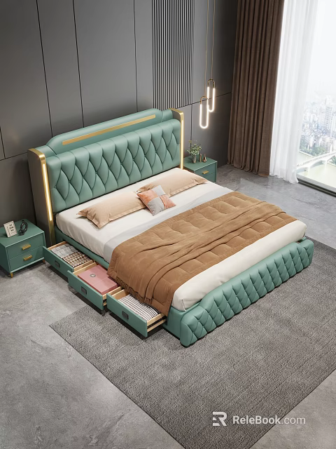 Modern Bedroom With Green Tufted Headboard Gold Trim Nightstands And Storage Drawers 3d model 
