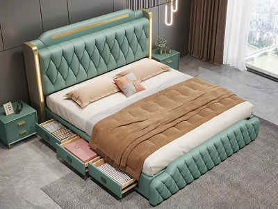 Modern Bedroom With Green Tufted Headboard Gold Trim Nightstands And Storage Drawers 3d model