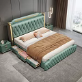 Modern Bedroom With Green Tufted Headboard Gold Trim Nightstands And Storage Drawers