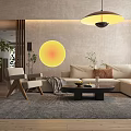 Beige Sofa And Coffee Table Set With Throw Pillows Circular Wall Decor And Pendant Light