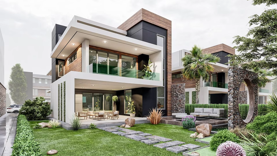 Modern Detached Villa Exterior Design With Courtyard Lawn Stone Pathway And Lush Greenery 3d model 