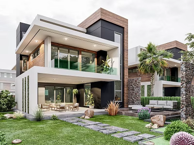 Modern Detached Villa Exterior Design With Courtyard Lawn Stone Pathway And Lush Greenery 3d model