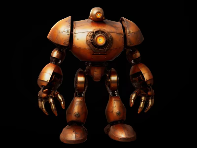 Vintage Copper Robot Decorative Figurine Set With Metallic Texture And Glowing Eyes 3d model