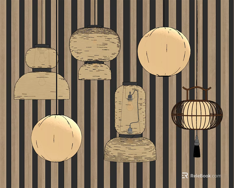 Modern Pendant Lights Featuring Round Wicker and Lantern Shapes for Interior Decor 3d model 