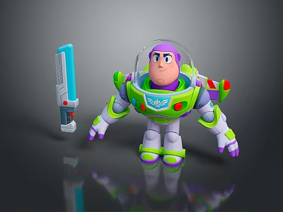 Buzz Lightyear Animated Character In Green White Space Suit With Purple Helmet Blue Laser Weapon 3d model