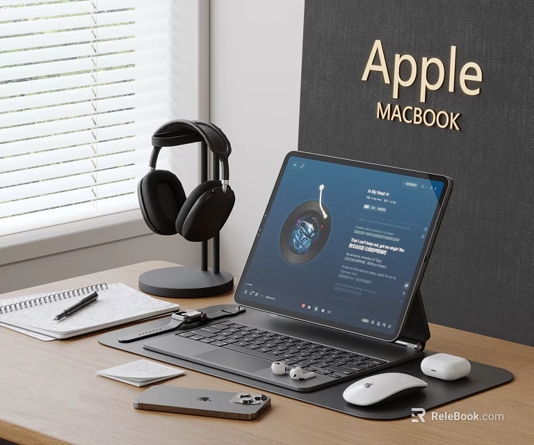 Modern Apple MacBook Desktop Setup With Headphones Keyboard Mouse And Notebook 3d model 