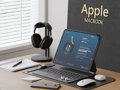 Modern Apple MacBook Desktop Setup With Headphones Keyboard Mouse And Notebook 3d model
