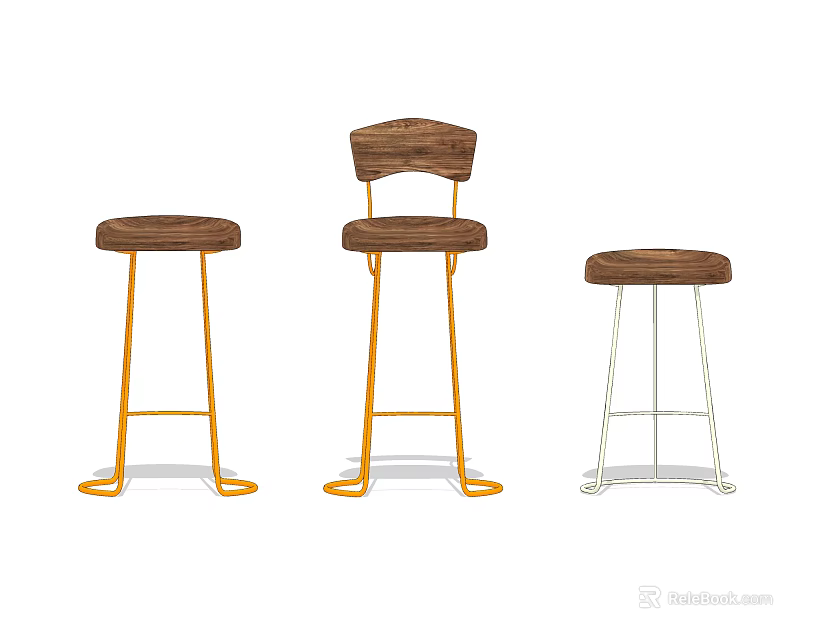 Three Stylish Bar Stools Featuring Wooden Seats Gold And White Metal Legs 3d model 