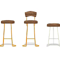Three Stylish Bar Stools Featuring Wooden Seats Gold And White Metal Legs
