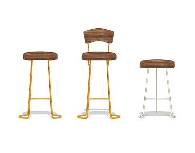 Three Stylish Bar Stools Featuring Wooden Seats Gold And White Metal Legs 3d model
