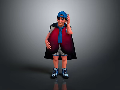 Child Dressed in Blue Cap Red Vest Black Cape and Blue Shoes 3d model