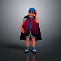 Child Dressed in Blue Cap Red Vest Black Cape and Blue Shoes