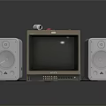 Vintage TV with White Speakers and Retro Screen Displaying Text Graphic