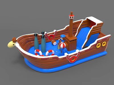 Inflatable Ship Shaped Play Equipment with Slide Lifebuoys and Cartoon Figure for Kids 3d model